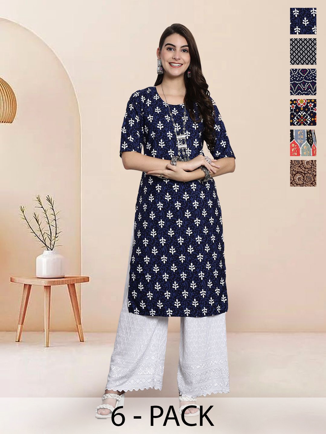 

7Threads Selection Of 6 Floral Printed Round Neck Straight Kurta, Navy blue