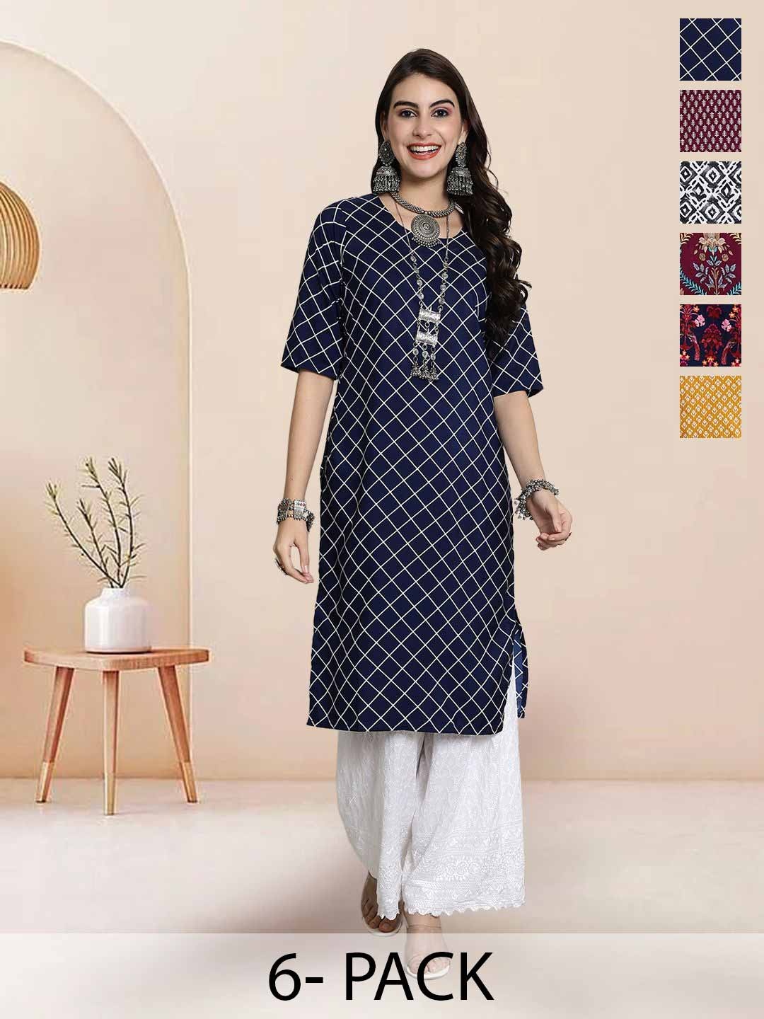 

7Threads Selection Of 6 Geometric Printed Round Neck Straight Kurta, Navy blue