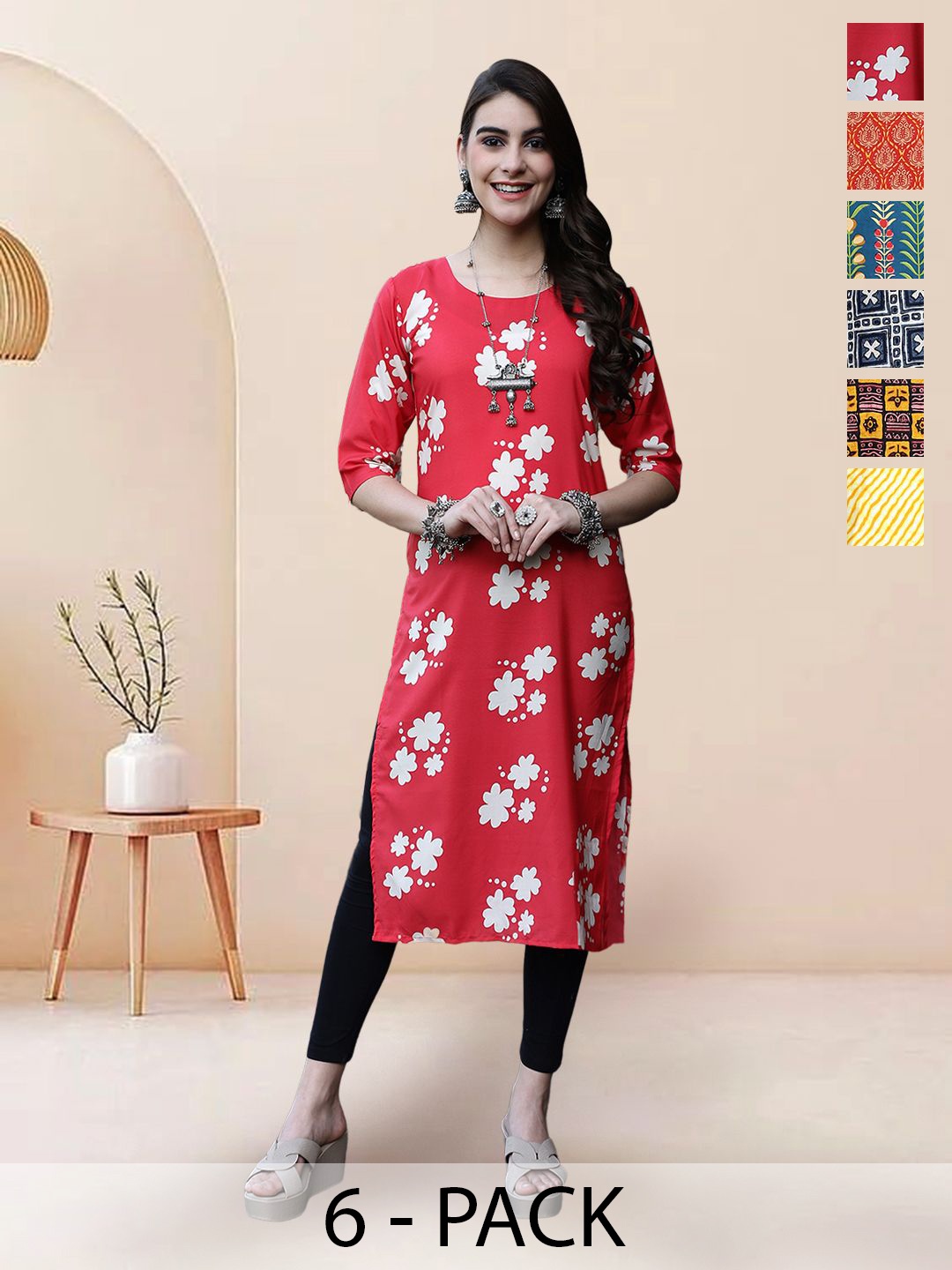 

7Threads Selection Of 6 Floral Printed Round Neck Straight Kurtas, Red