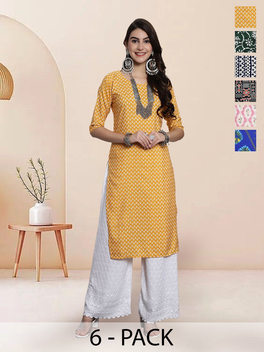 

7Threads Selection Of 6 Floral Printed Round Neck Straight Kurtas, Yellow