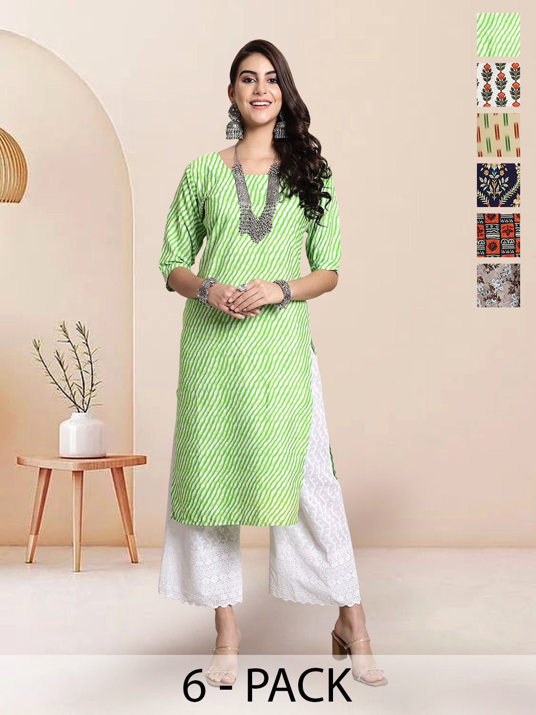 

7Threads Selection Of 6 Ethnic motifs Printed Round Neck Straight Kurta, Green