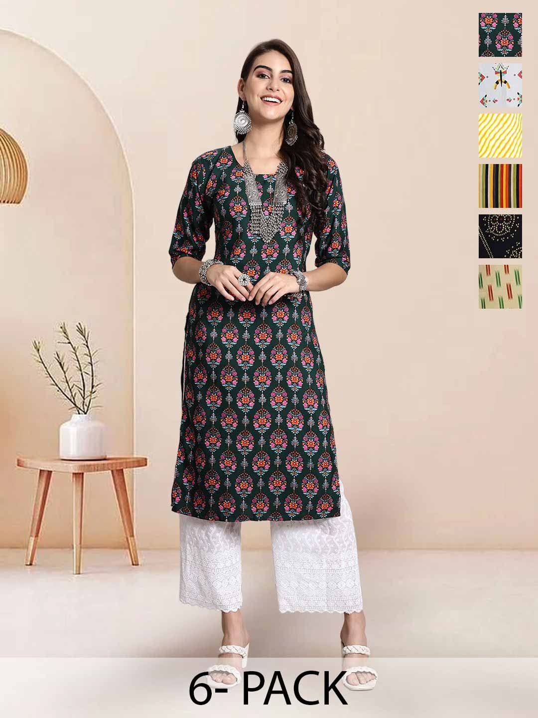 

7Threads Selection Of 6 Floral Printed Round Neck Straight Kurta, Green