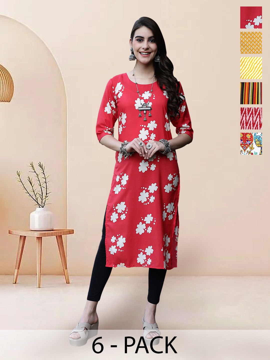 

7Threads Selection Of 6 Floral Printed Round Neck Straight Kurtas, Red