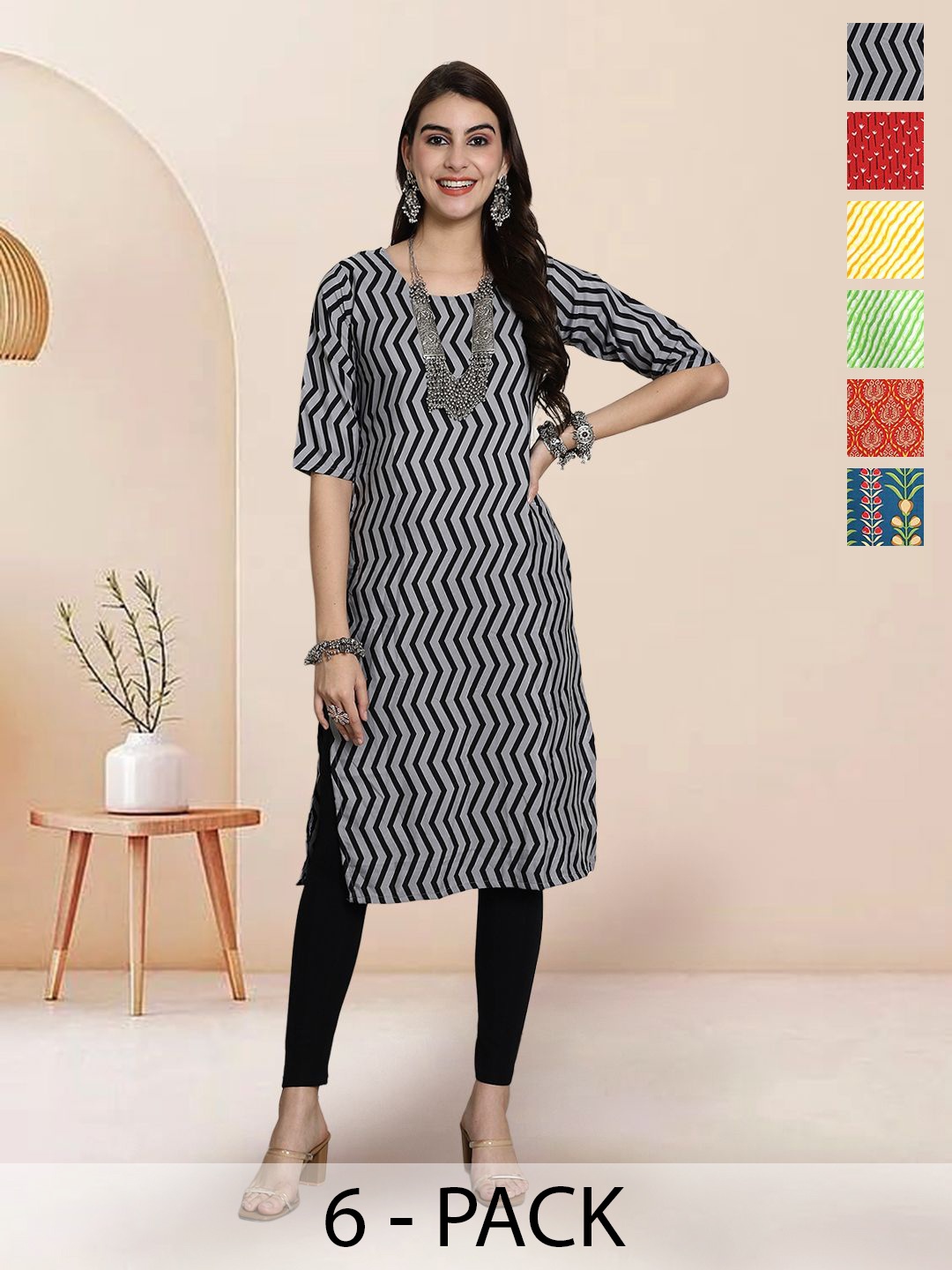 

7Threads Selection Of 6 Chevron Printed Round Neck Straight Kurta, Black