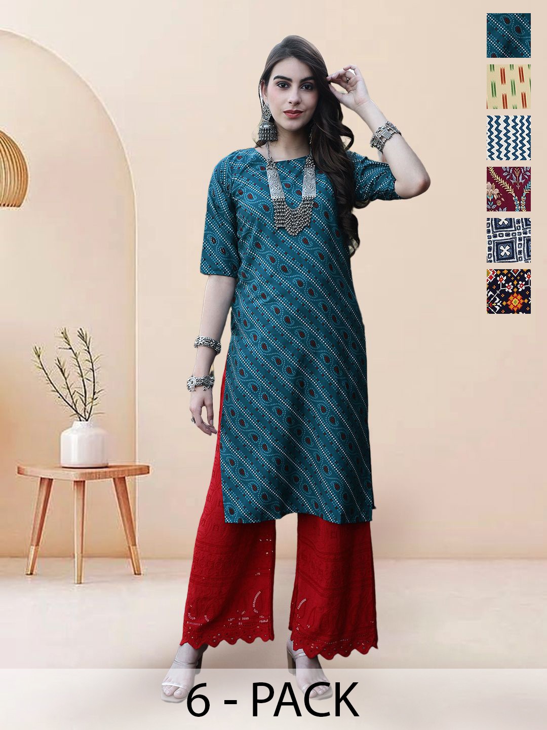 

7Threads Selection Of 6 Bandhani Printed Round Neck Straight Kurta, Teal