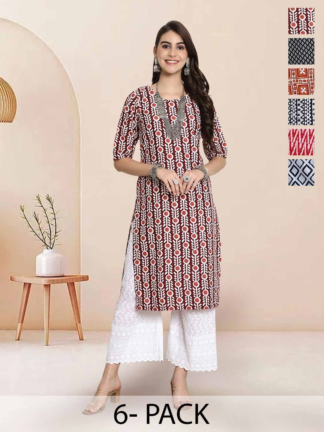 

7Threads Selection Of 6 Geometric Printed Round Neck Straight Kurta, Red