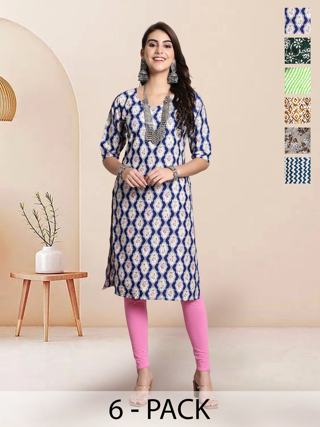 

7Threads Selection Of 6 Floral Printed Round Neck Straight Kurta, Navy blue