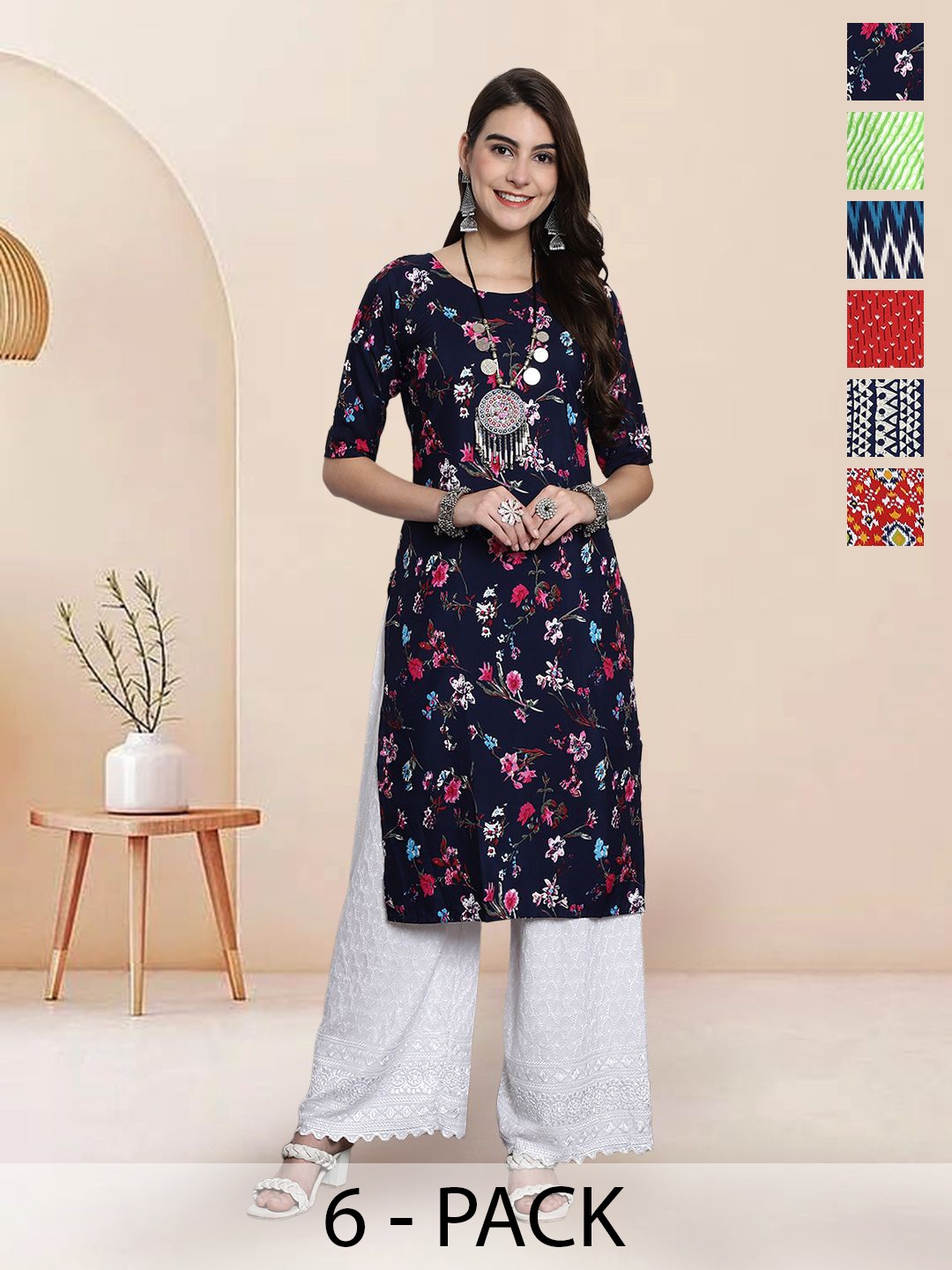 

7Threads Selection Of 6 Floral Printed Round Neck Straight Kurtas, Navy blue