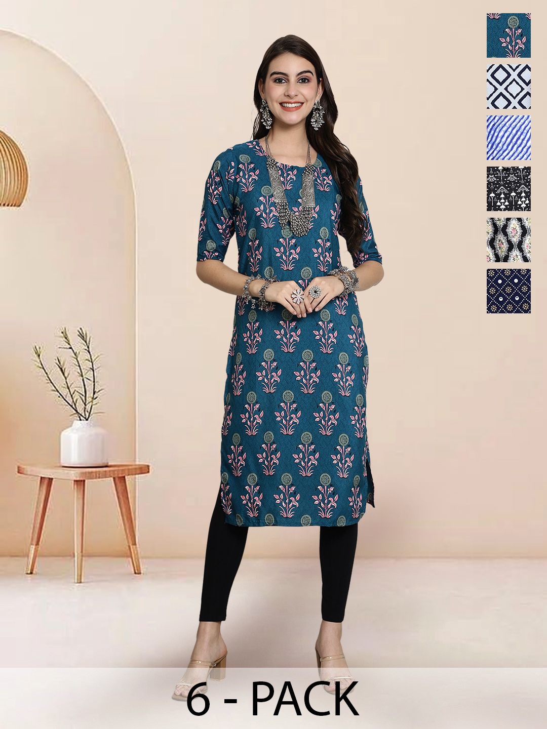 

7Threads Selection Of 6 Floral Printed Round Neck Straight Kurta, Teal