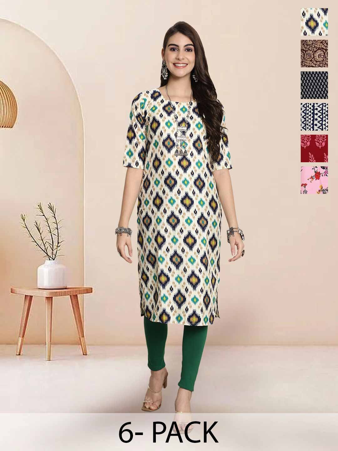 

7Threads Selection Of 6 Ethnic Motifs Printed Round Neck Straight Kurta, White