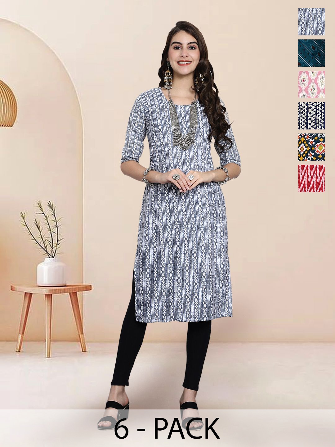 

7Threads Selection Of 6 Geometric Printed Round Neck Straight Kurta, Blue