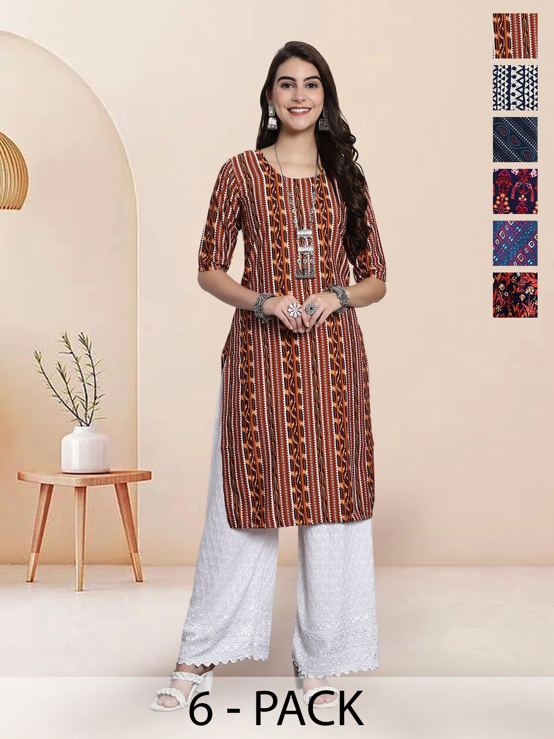 

7Threads Selection Of 6 Ethnic Motifs Printed Round Neck Straight Kurtas, Brown