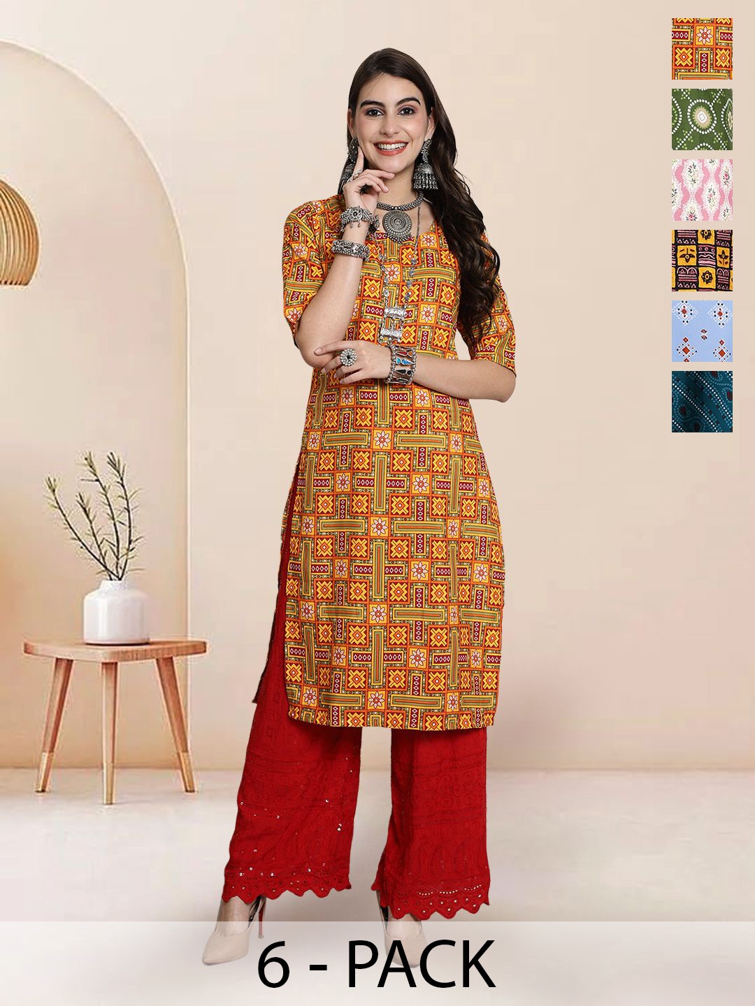 

7Threads Selection Of 6 Geometric Printed Round Neck Straight Kurta, Yellow