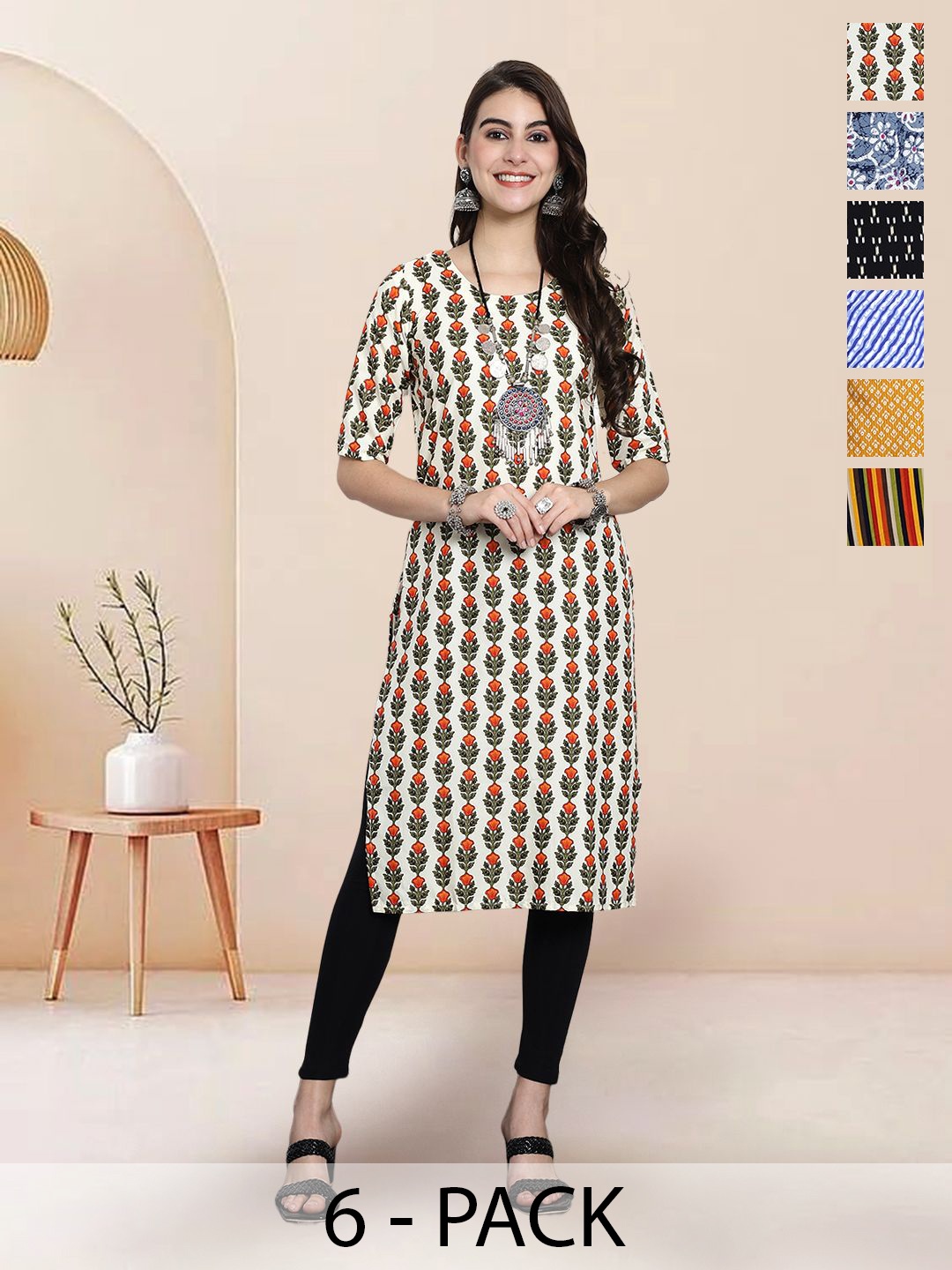 

7Threads Selection Of 6 Floral Printed Round Neck Straight Kurtas, White