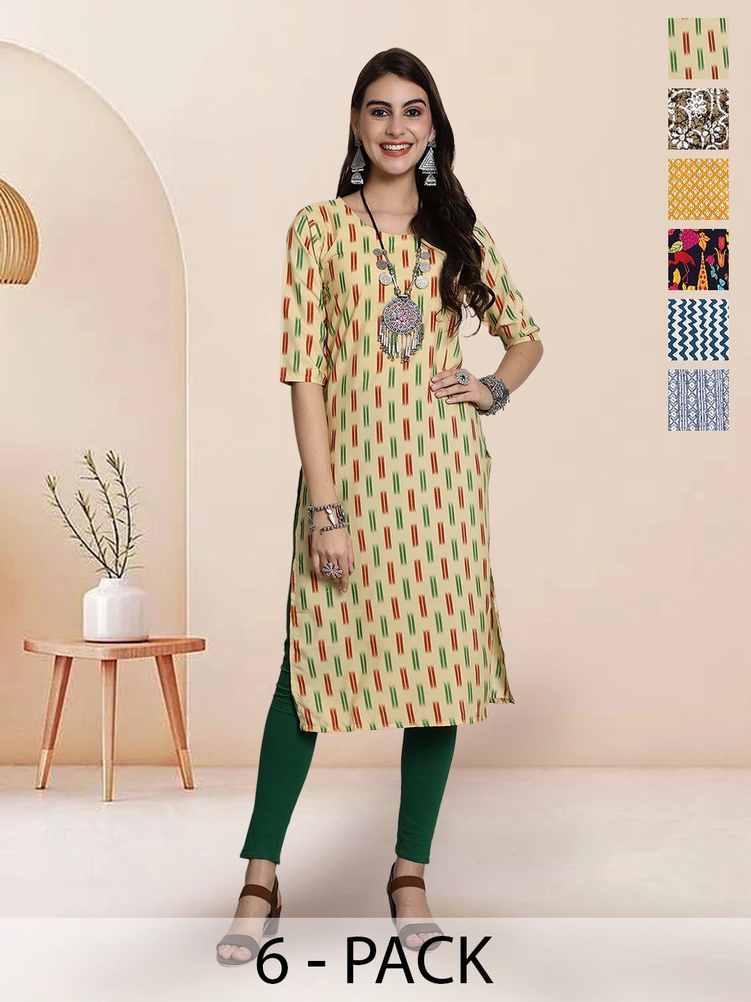 

7Threads Selection Of 6 Floral Printed Round Neck Straight Kurtas, Brown