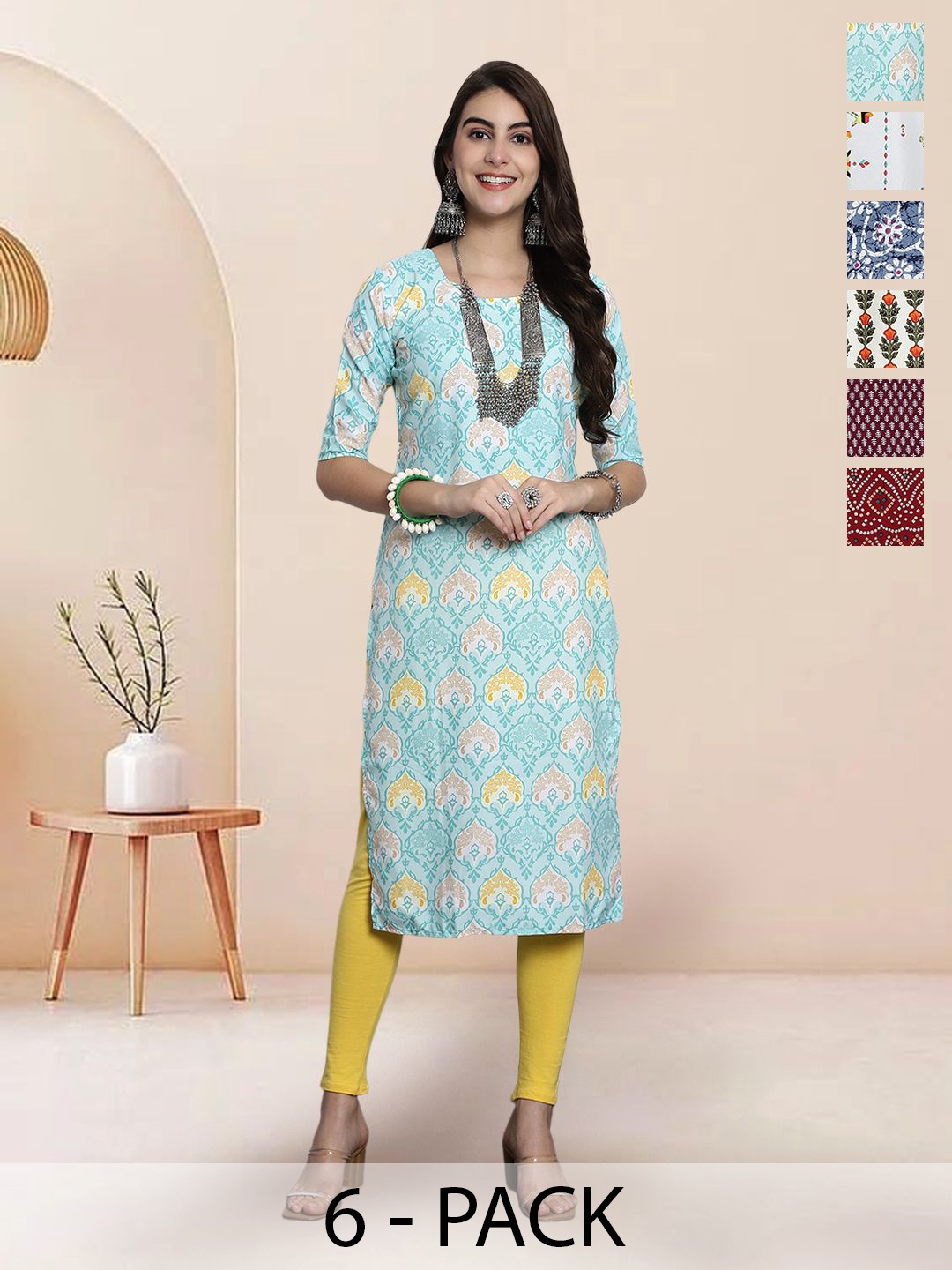 

7Threads Selection Of 6 Ethnic Motifs Printed Round Neck Straight Kurta, Blue