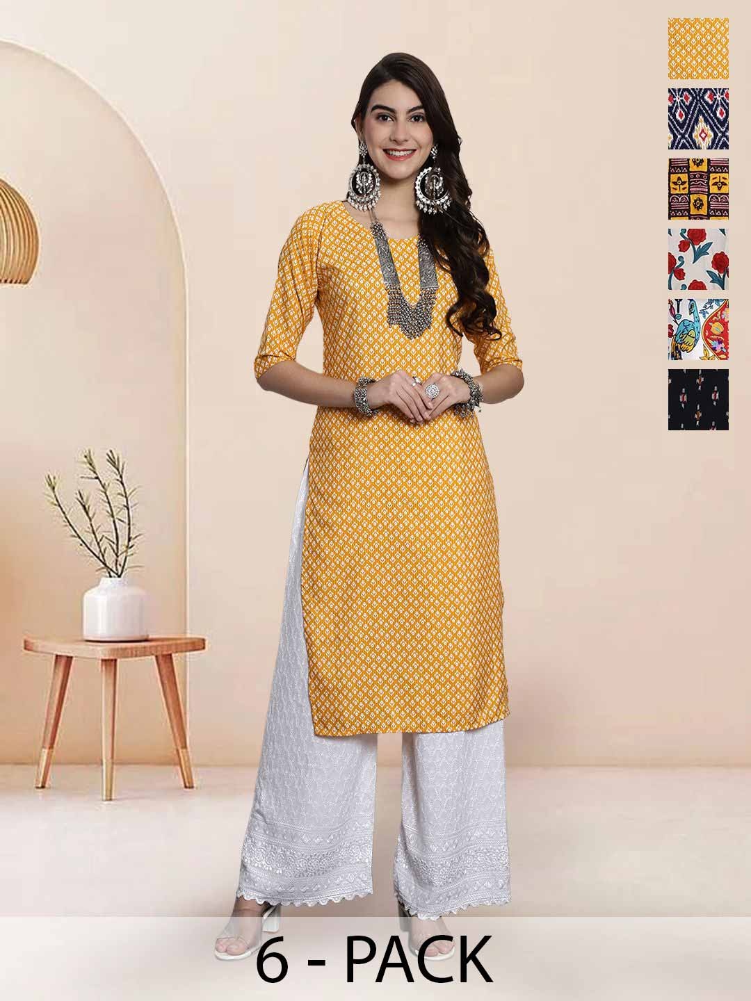 

7Threads Selection Of 6 Floral Printed Round Neck Straight Kurta, Yellow