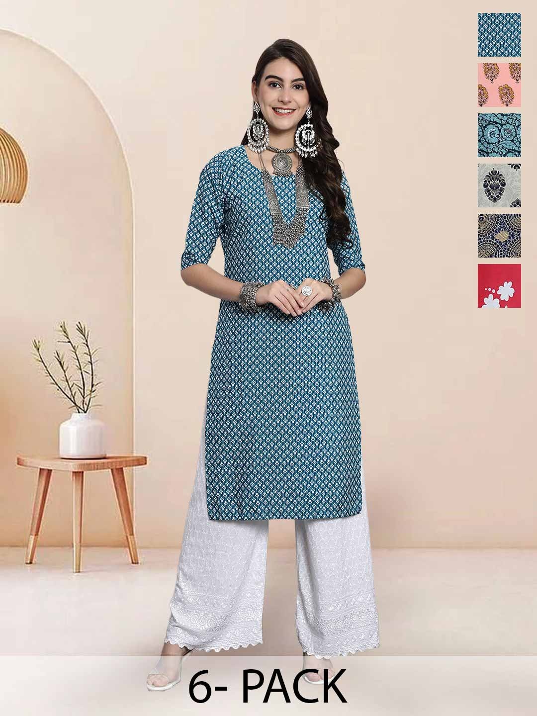 

7Threads Selection Of 6 Floral Printed Round Neck Straight Kurtas, Blue