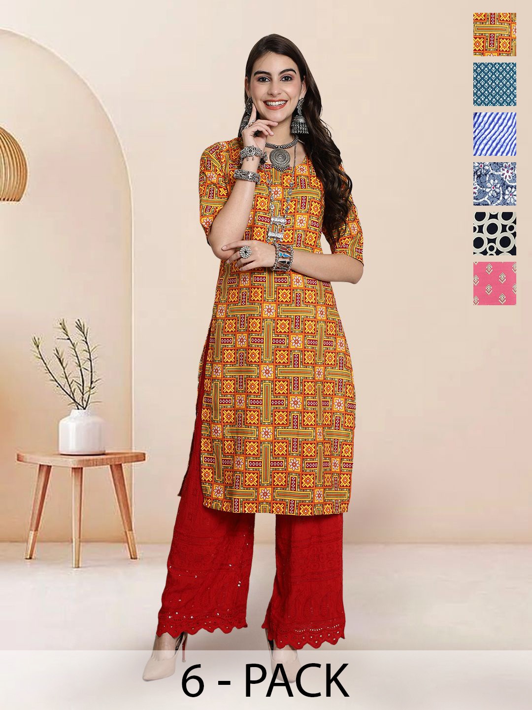 

7Threads Selection Of 6 Floral Printed Round Neck Straight Kurtas, Mustard