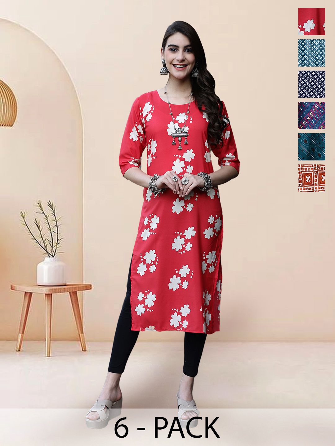 

7Threads Selection Of 6 Floral Printed Round Neck Straight Kurtas, Red