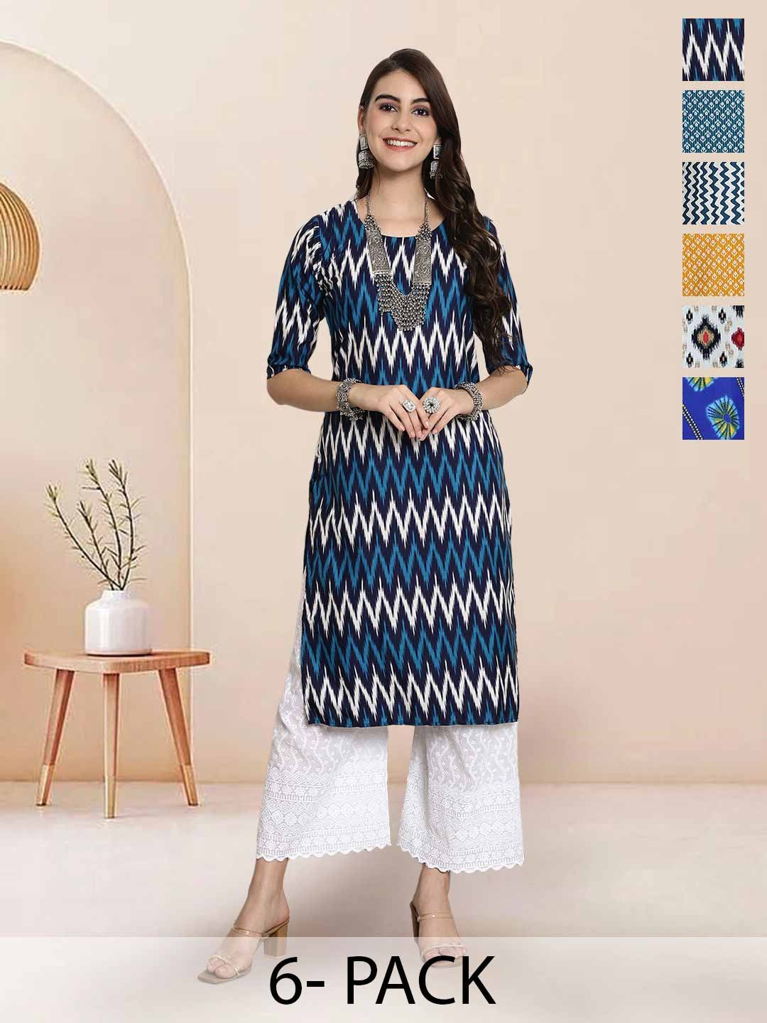 

7Threads Selection Of 6 Chevron Printed Round Neck Straight Kurtas, Blue