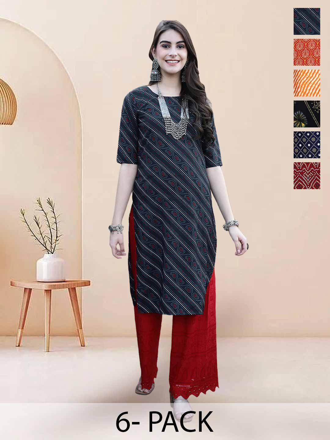 

7Threads Selection Of 6 Bandhani Printed Round Neck Straight Kurta, Navy blue