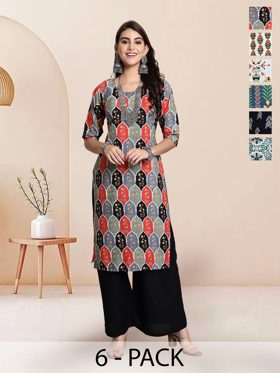 

7Threads Selection Of 6 Geometric Printed Round Neck Straight Kurta, Orange