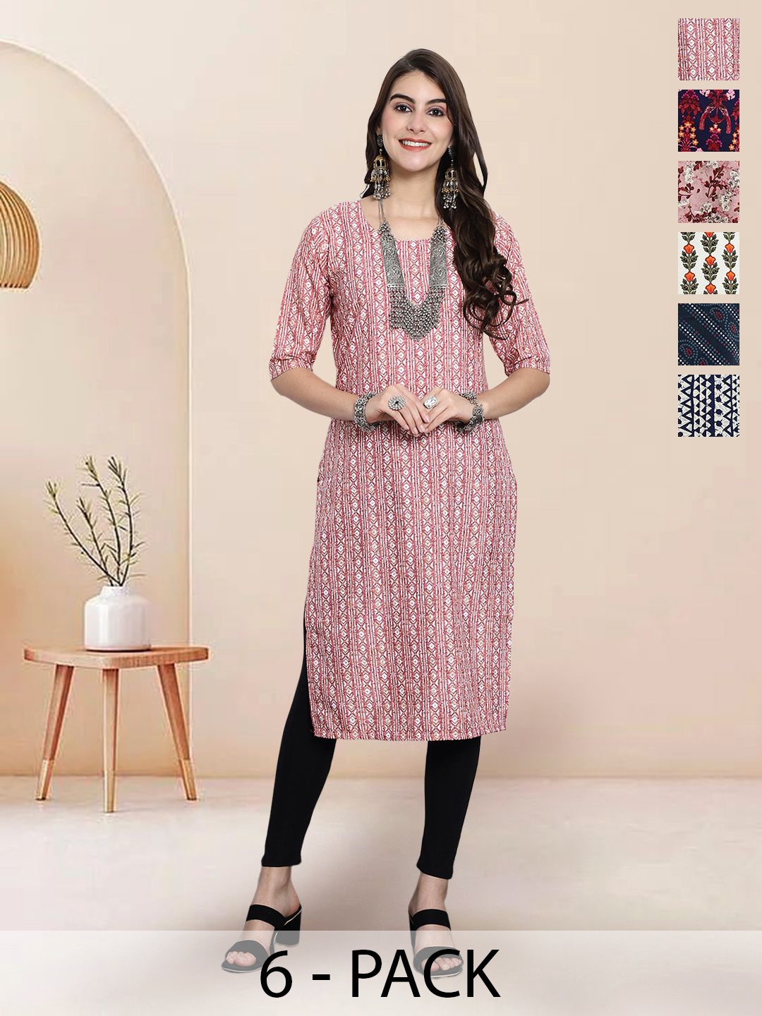 

7Threads Selection Of 6 Ethnic Motifs Printed Round Neck Straight Kurtas, Red