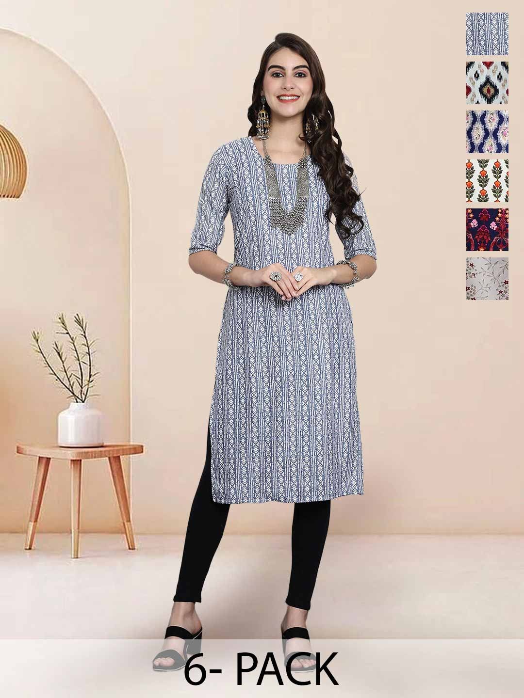 

7Threads Selection Of 6 Geometric Printed Round Neck Straight Kurta, Grey