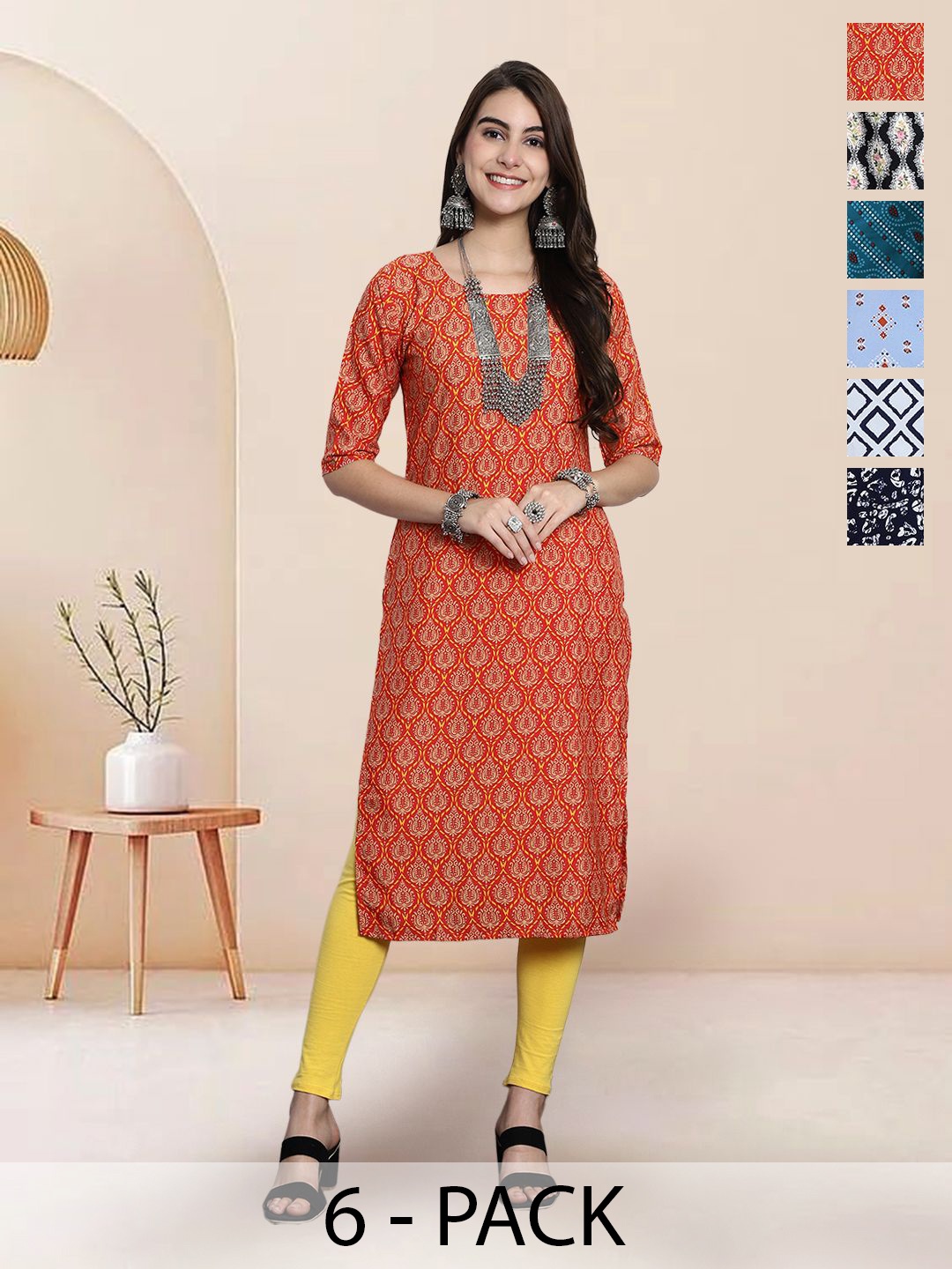 

7Threads Selection Of 6 Ethnic Motifs Printed Round Neck Straight Kurtas, Orange