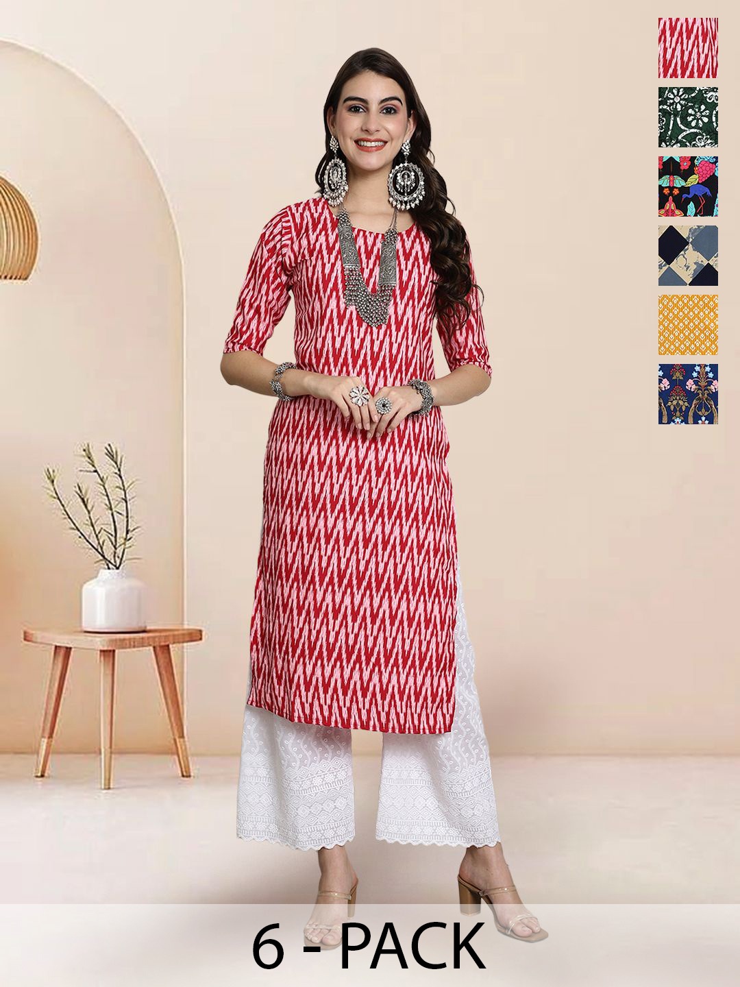 

7Threads Selection Of 6 Chevron Printed Round Neck Straight Kurta, Red