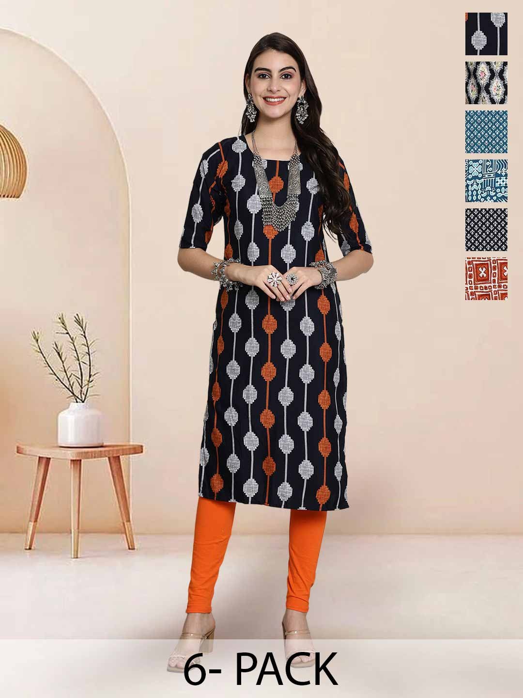 

7Threads Selection Of 6 Geometric Printed Round Neck Straight Kurta, Black