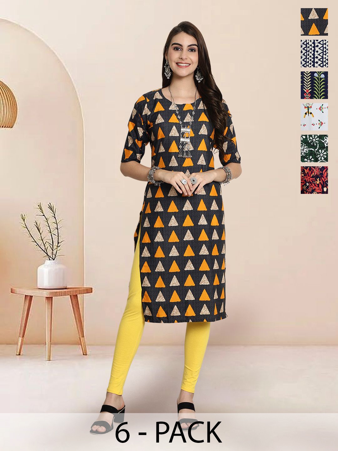 

7Threads Selection Of 6 Geometric Printed Round Neck Straight Kurta, Black
