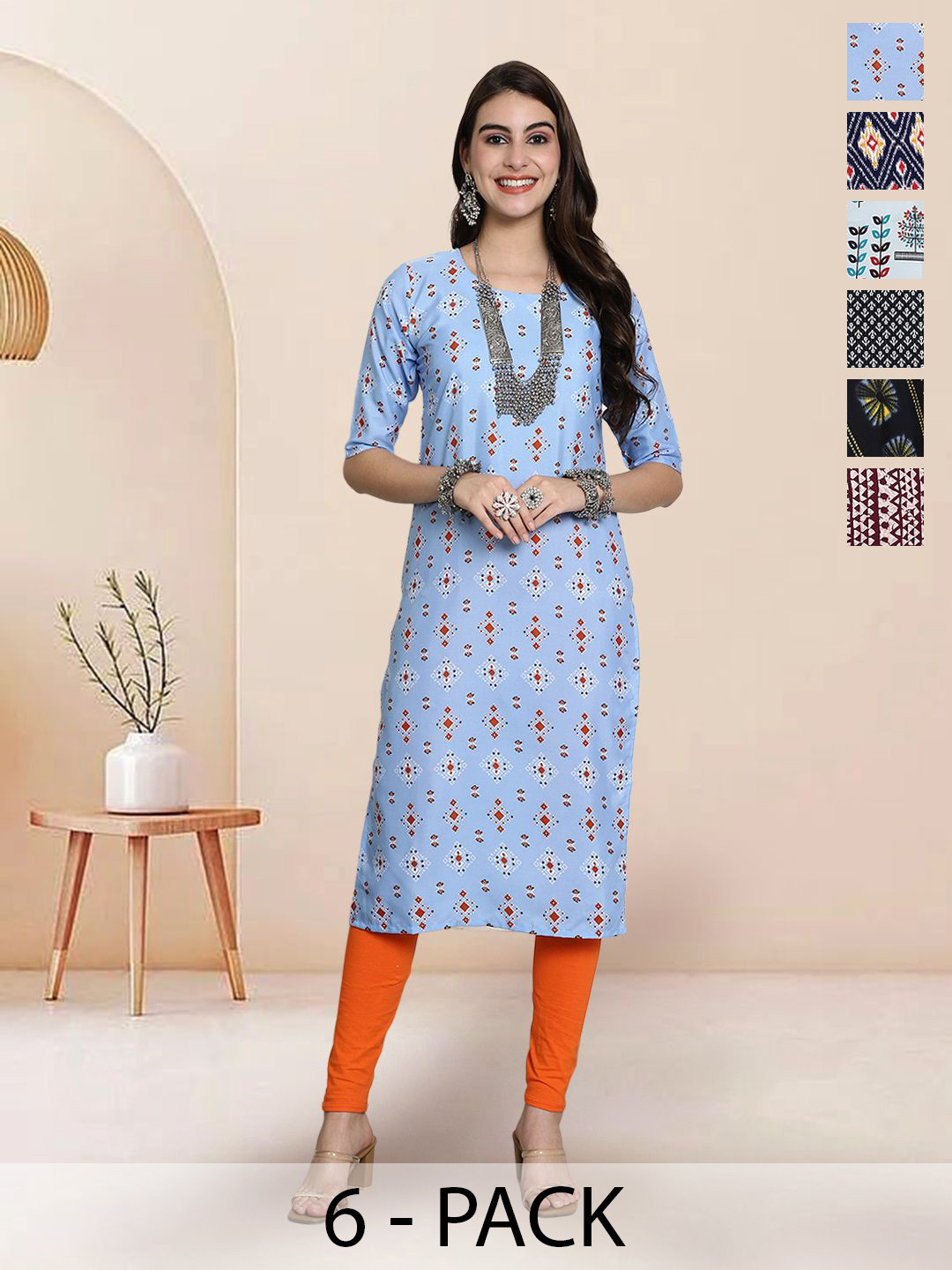 

7Threads Selection Of 6 Geometric Printed Round Neck Straight Kurta, Blue