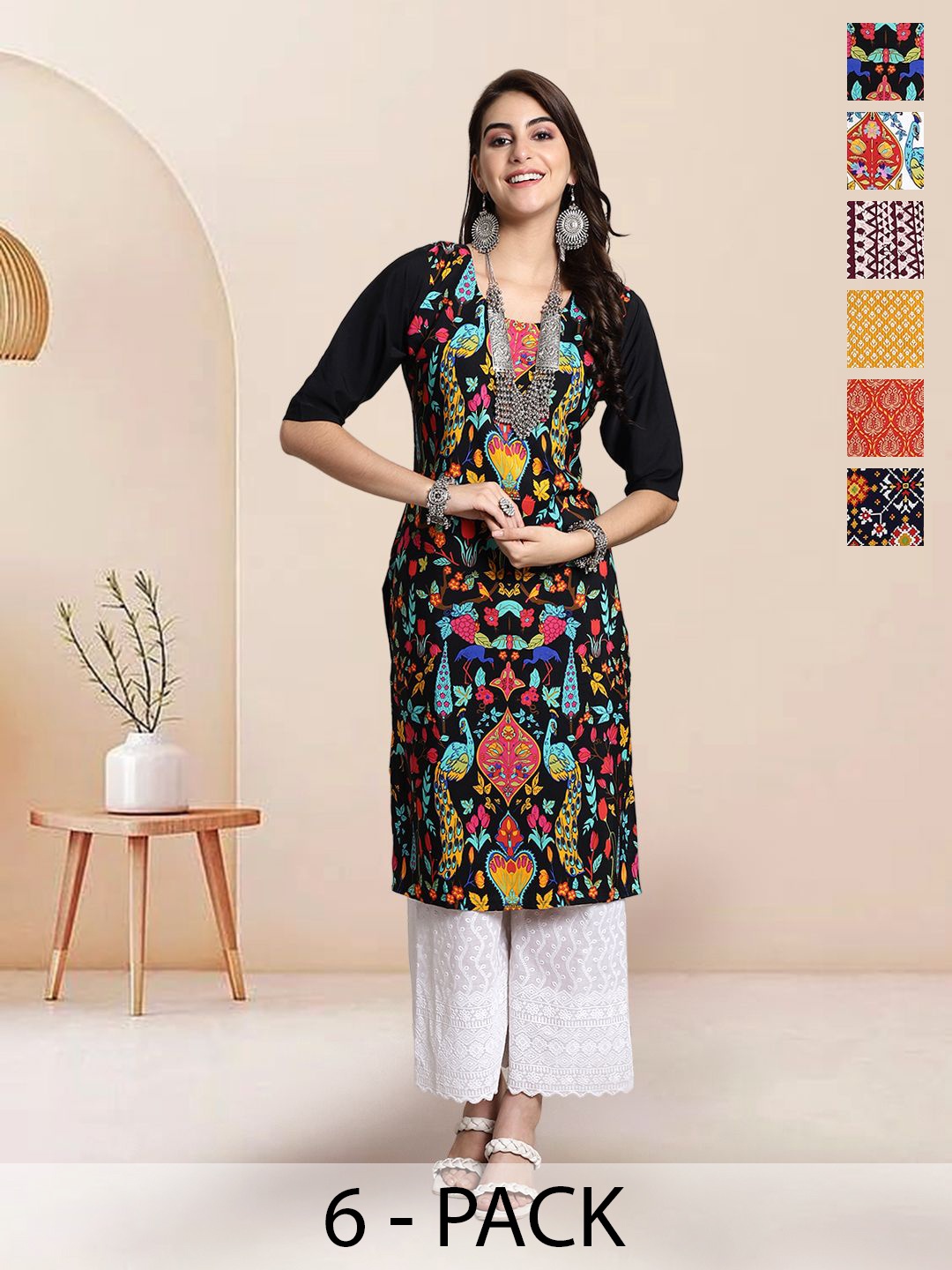 

7Threads Selection Of 6 Floral Printed Round Neck Straight Kurta, Black