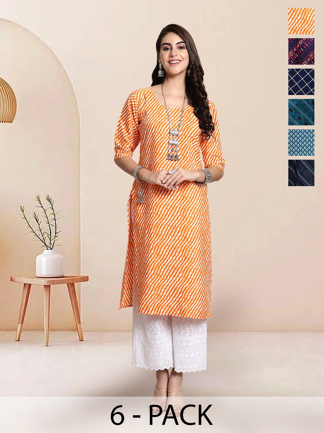 

7Threads Selection Of 6 Leheriya Printed Round Neck Straight Kurta, Orange