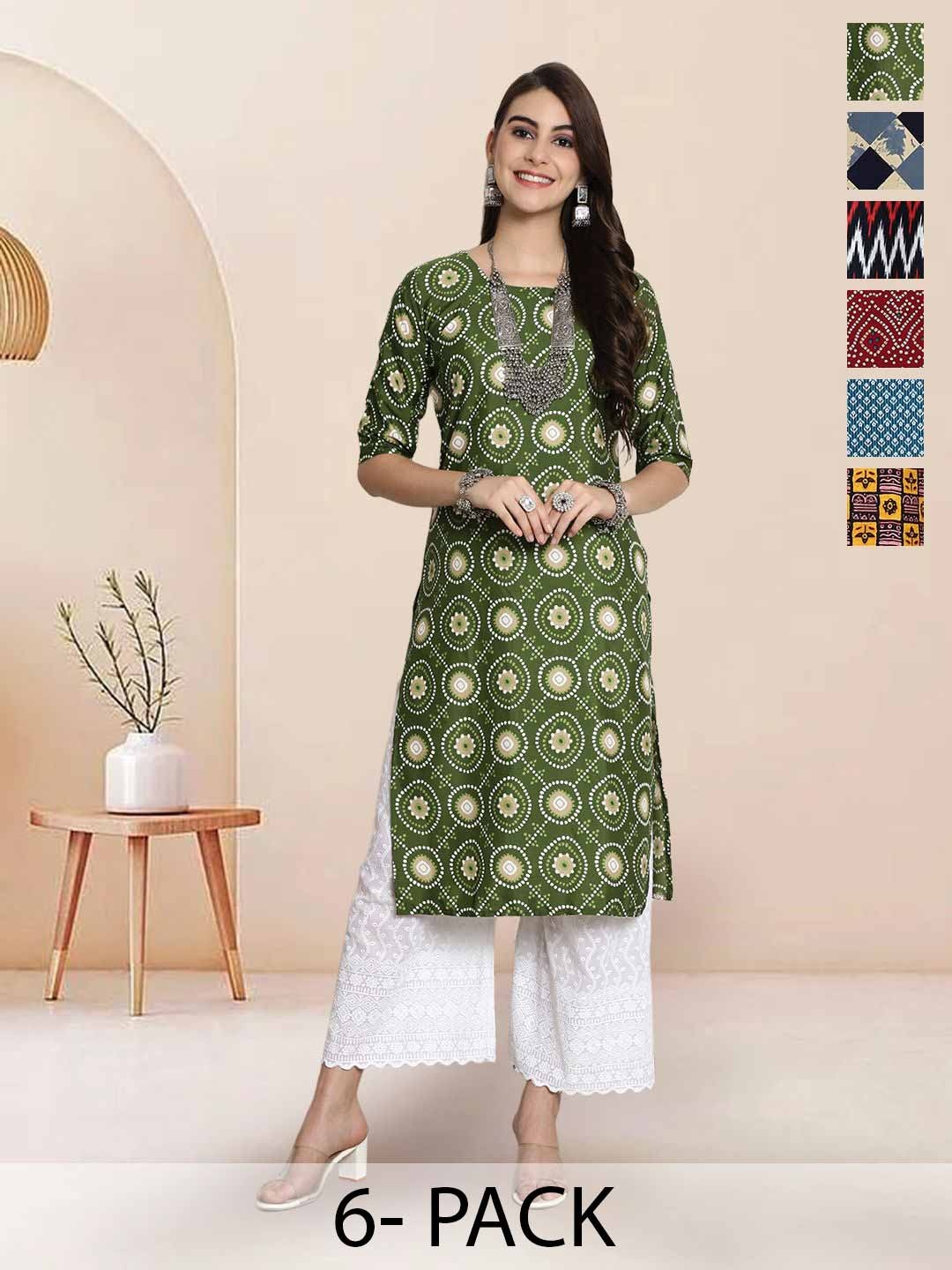 

7Threads Selection Of 6 Ethnic Motifs Printed Round Neck Straight Kurta, Green