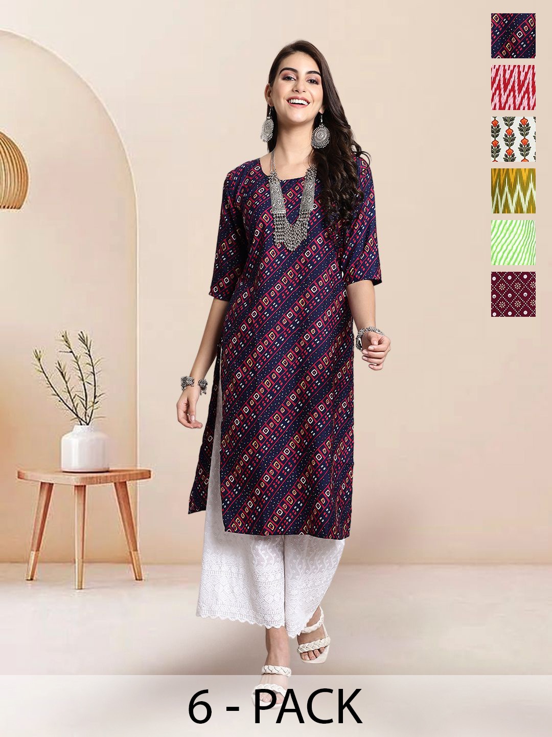 

7Threads Selection Of 6 Bandhani Printed Round Neck Straight Kurta, Navy blue