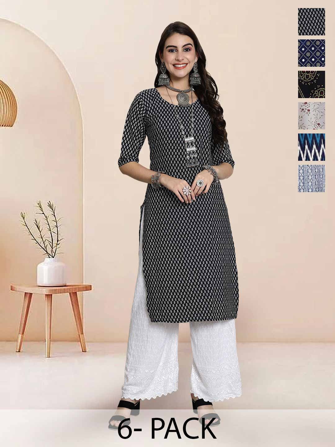 

7Threads Selection Of 6 Floral Printed Round Neck Straight Kurta, Black
