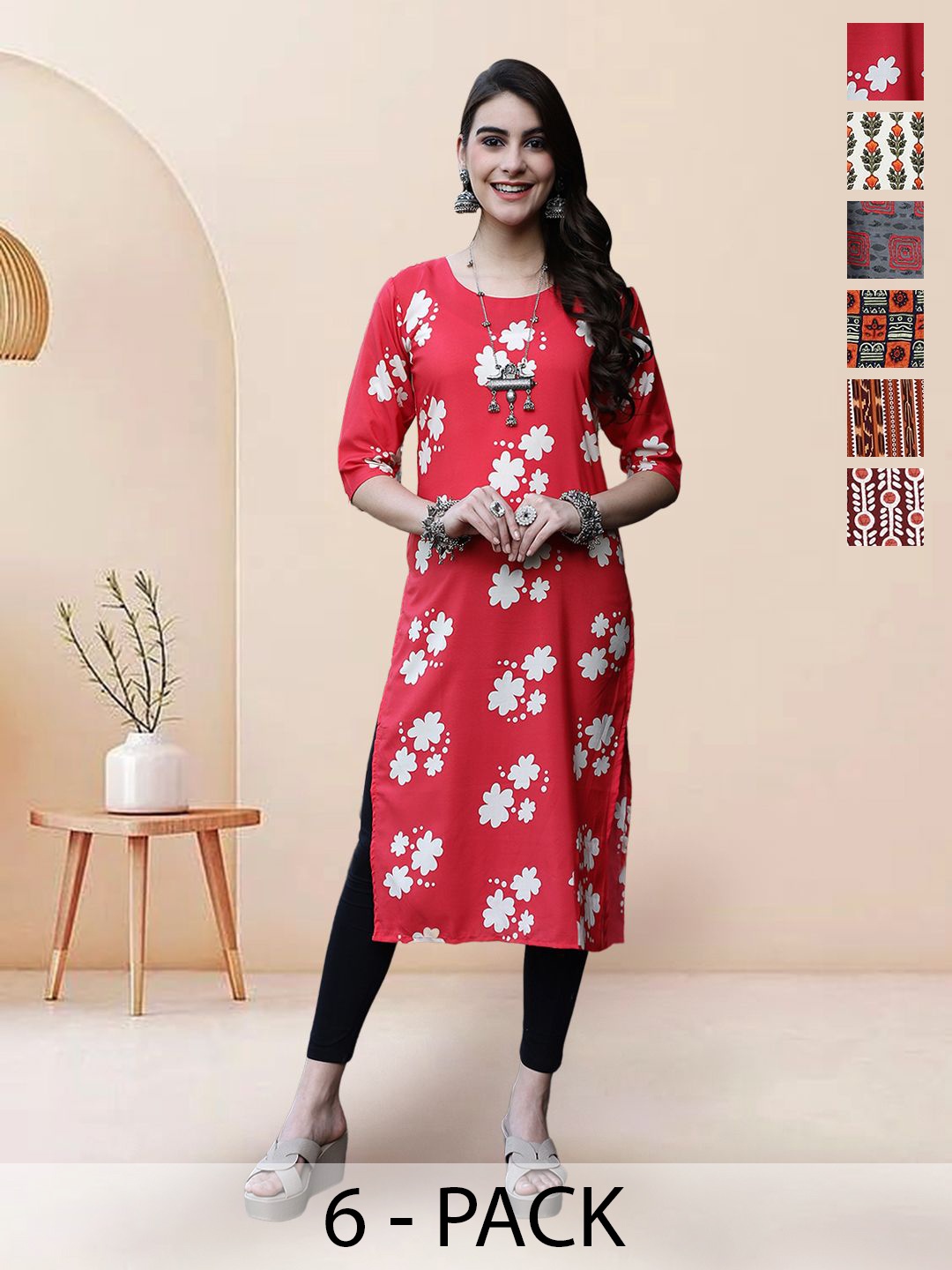 

7Threads Selection Of 6 Floral Printed Round Neck Straight Kurtas, Red