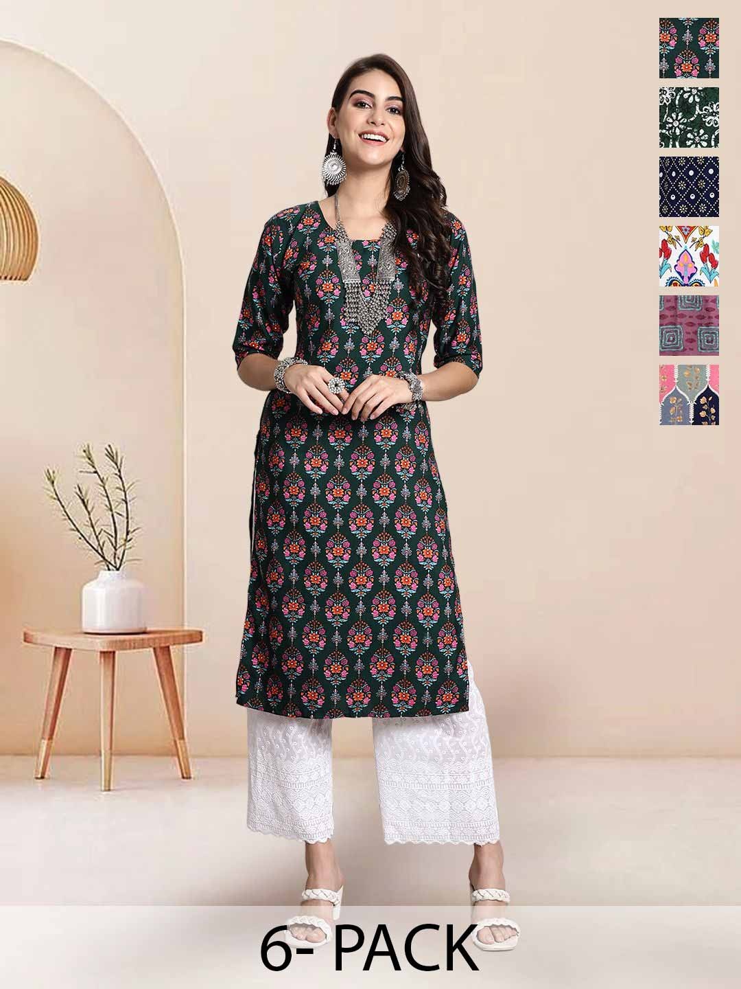 

7Threads Selection Of 6 Floral Printed Round Neck Straight Kurta, Green