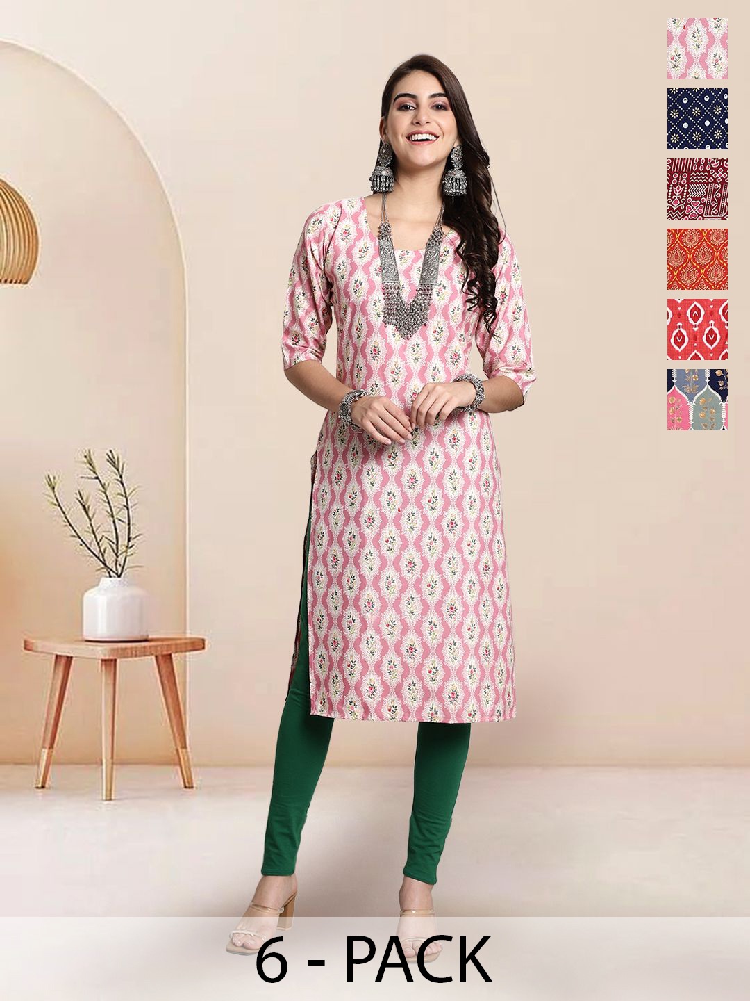 

7Threads Selection Of 6 Ethnic Motifs Printed Round Neck Straight Kurtas, Pink