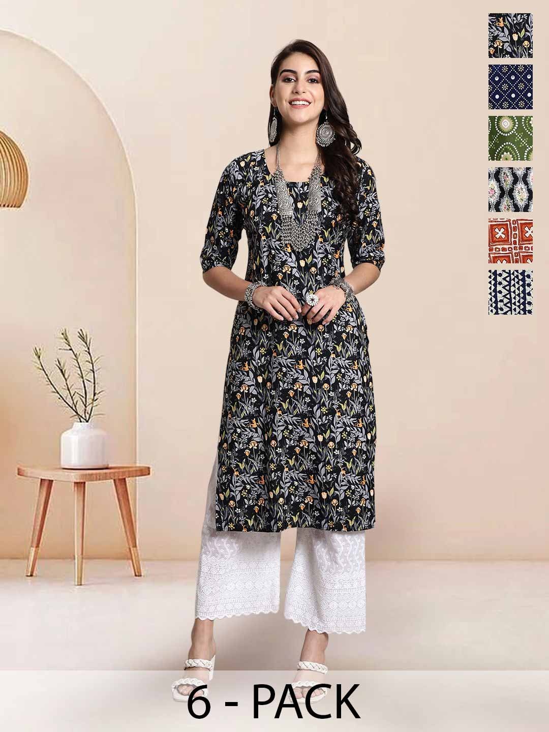 

7Threads Selection Of 6 Floral Printed Round Neck Straight Kurta, Black