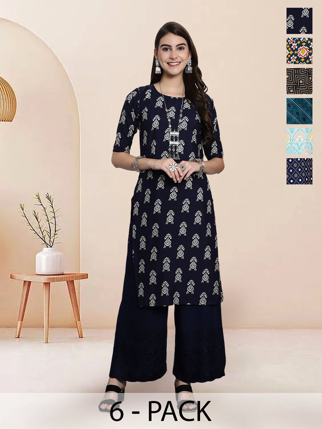

7Threads Selection Of 6 Ethnic Motifs Printed Round Neck Straight Kurtas, Navy blue