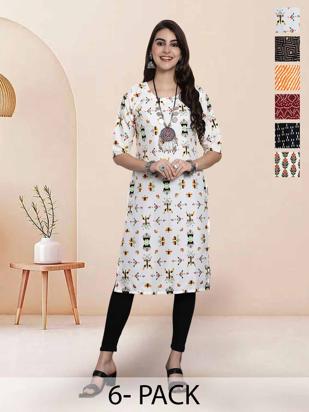 

7Threads Selection Of 6 Geometric Printed Round Neck Straight Kurta, White