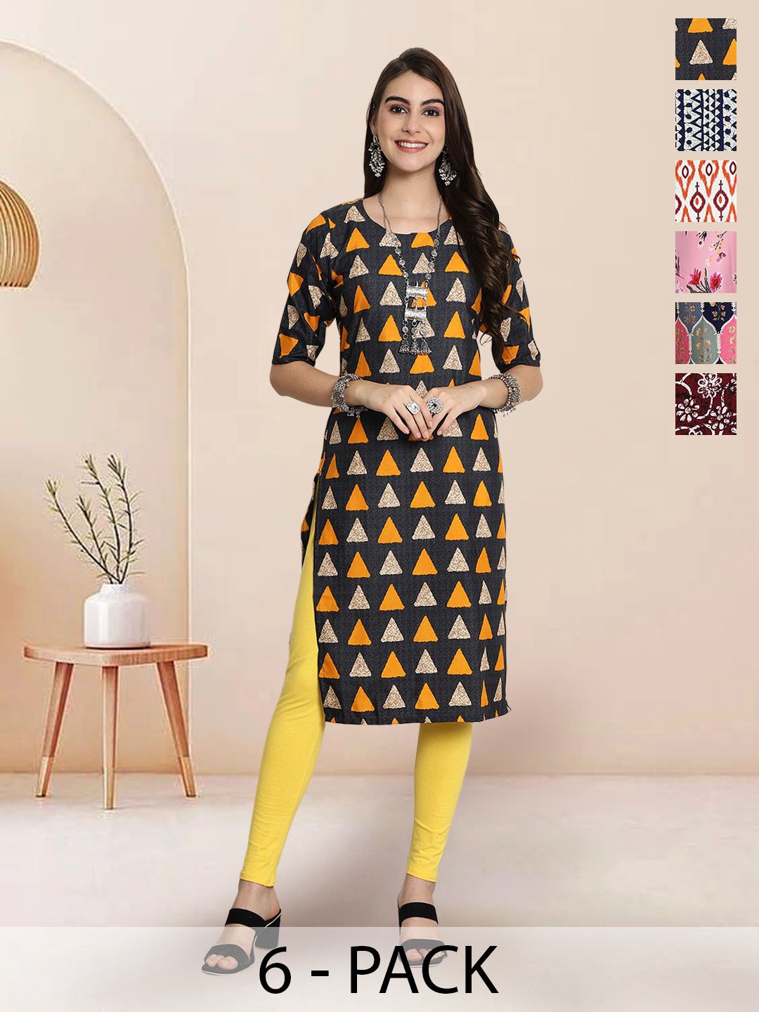 

7Threads Selection Of 6 Geometric Printed Round Neck Straight Kurta, Black