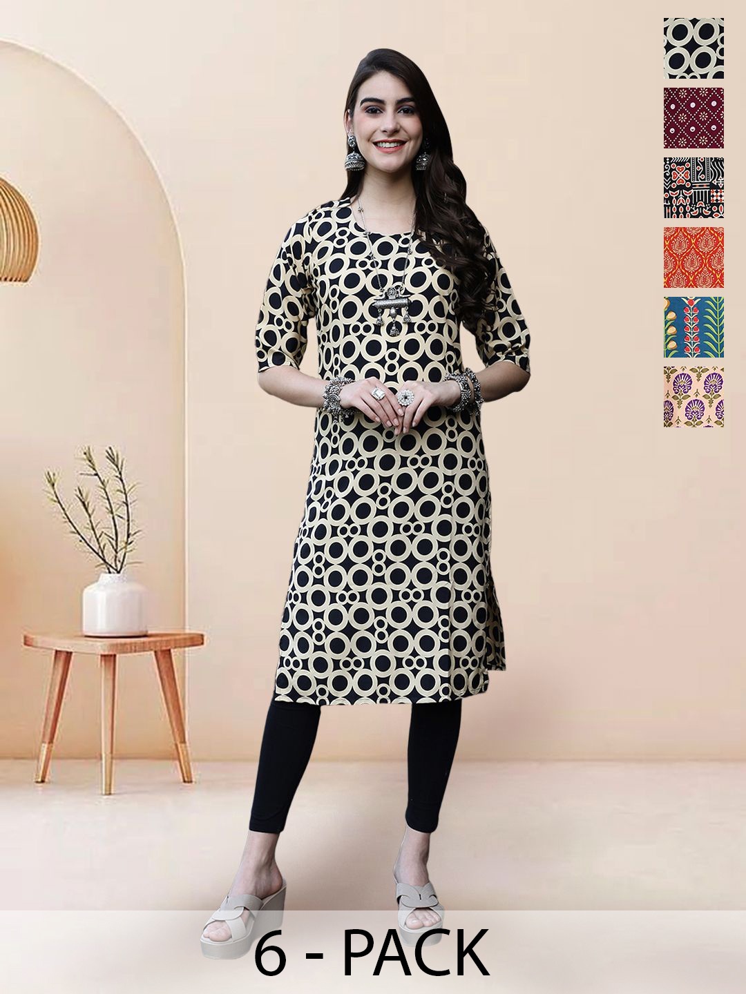 

7Threads Selection Of 6 Geometric Printed Round Neck Straight Kurta, Black