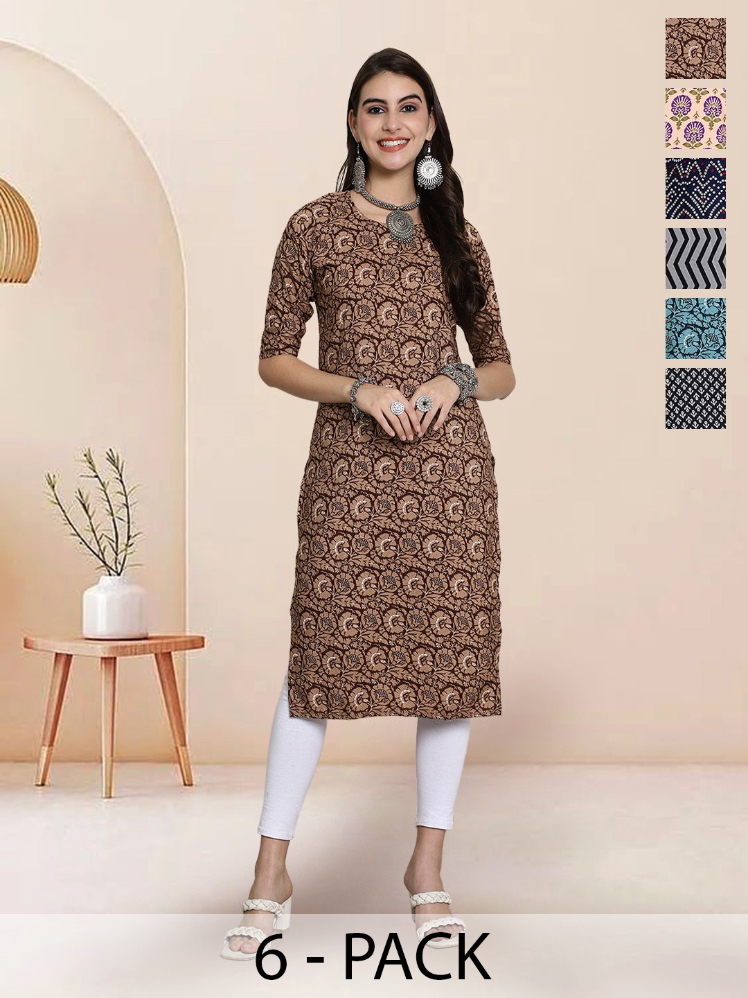 

7Threads Selection Of 6 Ethnic Motifs Printed Round Neck Straight Kurtas, Brown