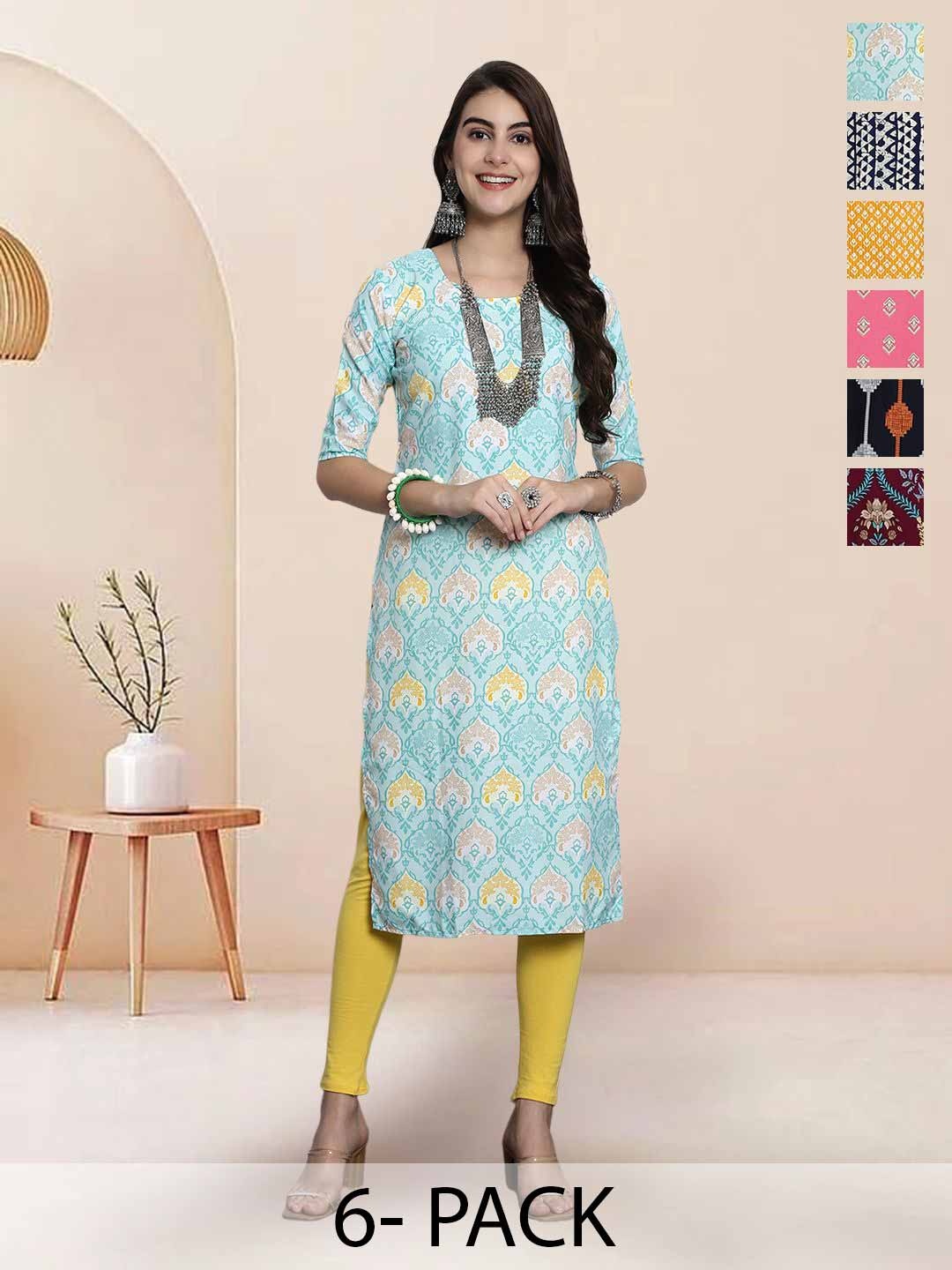

7Threads Selection Of 6 Ethnic Motifs Printed Round Neck Straight Kurta, Blue
