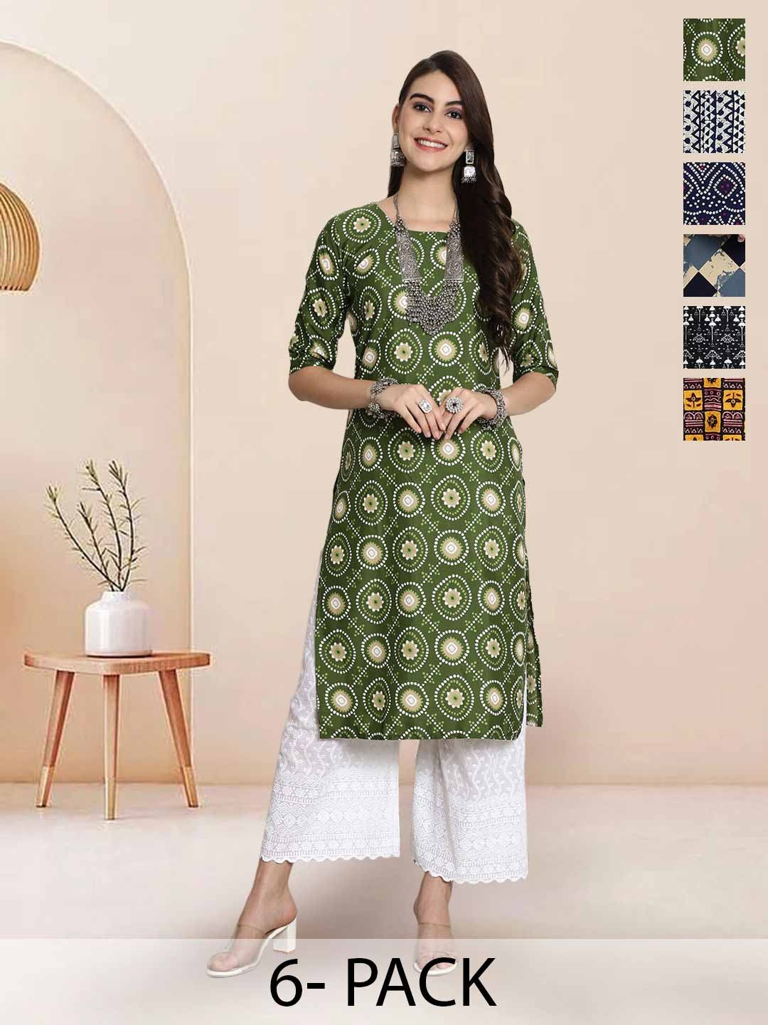 

7Threads Selection Of 6 Bandhani Printed Round Neck Straight Kurta, Green